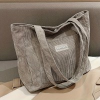 1pc カジュアル コーデュロイ トートバッグ、ソリッドカラー ショルダーバッグ、固定ストラップ付き、折りたたみ可能、スナップクロージャー、ポリエステル裏地、手洗いのみ - 日常の通勤に最適