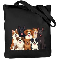 犬プリントのキャンバストートバッグ、カジュアル軽量無地ショルダーバッグ、手洗い可能、固定ストラップ付き、日常通勤・学校・仕事・ショッピング用 - 多機能オープントップキャリーオール