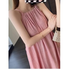 女性用ピンクノースリーブマキシドレス - ルーズフィット、バックレスデザイン、軽量サマーバケーションスタイル、無地カラー、カジュアルなお出かけに最適、フロワシルエット、リラックスフィット