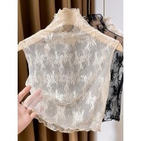 レースフェイクカラー女性用多用途ハイエンドショートフリルハイネックメッシュアンダーシャツ無袖ベストレイヤングシールトップ