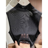 女性用高級光沢のあるフェイクカラーウィズフラッフードエッジ、半タートネックセーター、レイヤリング、カミソールベースレイヤー、メッシュトップ。