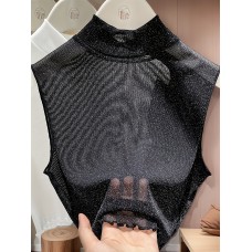 女性用高級光沢のあるフェイクカラーウィズフラッフードエッジ、半タートネックセーター、レイヤリング、カミソールベースレイヤー、メッシュトップ。