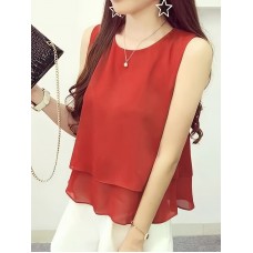 シックな夏用シフォンタンクトップ（女性用）- カジュアルクルーネック、フリルドテール、滑らかなポリエステル生地、無地、軽量＆通気性、カジュアルアットワードに最適