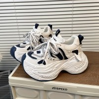 レディース チャンキープラットフォームスニーカー - ホワイト＆ネイビーブルー 合成カバー レースアップ厚底 靴、通気性ファブリックライニング＆クッション付き快適設計 オールシーズン用