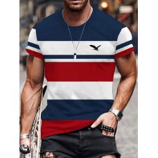 メンズカジュアルストライプTシャツ - 半袖、ラウンドネック、伸縮性ポリエステル生地、洗濯機可、ブルー/ホワイト/レッド迷彩柄と鳥のグラフィック、夏の必須アイテム