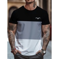 メンズカジュアルストライプ半袖Tシャツ - ブラック、ホワイト＆グレーのカラーブロックデザインとカモメのグラフィック、ポリエステルブレンド、ラウンドネック、洗濯機可、オールシーズン着用