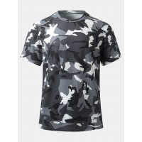 メンズ カモフラージュ ミリタリーインスパイアードTシャツ - ポリエステル＆スパンデックスブレンド、半袖、ラウンドネック、夏のカジュアルウェア、手洗いのみ、ブラック＆ホワイトカモパターン、アウトドアアパレル | ミリタリーアンブレッドデザイン | 滑らかな生地テクスチャー