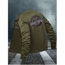 メンズ用カジュアルボンバージャケット - ブラック、スタンドカラー、長袖、ポリエステル、オールシーズンウェア | ジオメトリックパターンを搭載したモダンなアウターウェア
