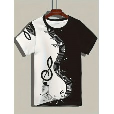 メンズ カジュアル ミュージック ノート グラフィック Tシャツ - 半袖 クルーネック、ブラック&ホワイト トレブルクレフ デザイン、軽量 夏用 トップス、屋外活動や祝祭イベントに最適、カジュアル 夏用ウェア | ミュージックテーマ Tシャツ | 軽量 Tシャツ