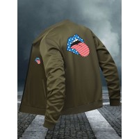 メンズオリーブグリーンボンバージャケット - アメリカンフラッグリッププリント、ジッパークロージャー、ポケット付き。スタイリッシュな幾何学的パターン、ポリエステル裏地、オールシーズンカジュアルアウター。