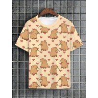 メンズ 軽量 カピバラプリントTシャツ - クルーネック、半袖、夏のカジュアルウェア、気まぐれなカートゥーンデザイン、ベージュ色、毎日の快適さに最適