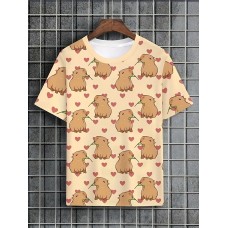 メンズ 軽量 カピバラプリントTシャツ - クルーネック、半袖、夏のカジュアルウェア、気まぐれなカートゥーンデザイン、ベージュ色、毎日の快適さに最適