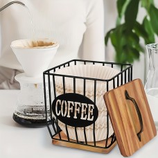 蓋付き1個入りコーヒーポッドラック、大容量ブラックメタルスクエアKカップ収納ラック、木製ベース付き、カウンター用モダンコーヒーバスケットデコレーション、コーヒーバーカウンター、ポッド＆カプセル、キッチン用品、コーヒーバーアクセサリー、コーヒーオーガナイザー