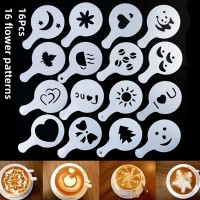 16個セット コーヒープリント型、コーヒープルフラワーモールド、ファンシーコーヒー作りツール、フラワーモールド